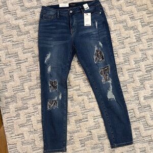 Judy Blue Dark Blue Distressed Skinny Jeans with snake skin patches